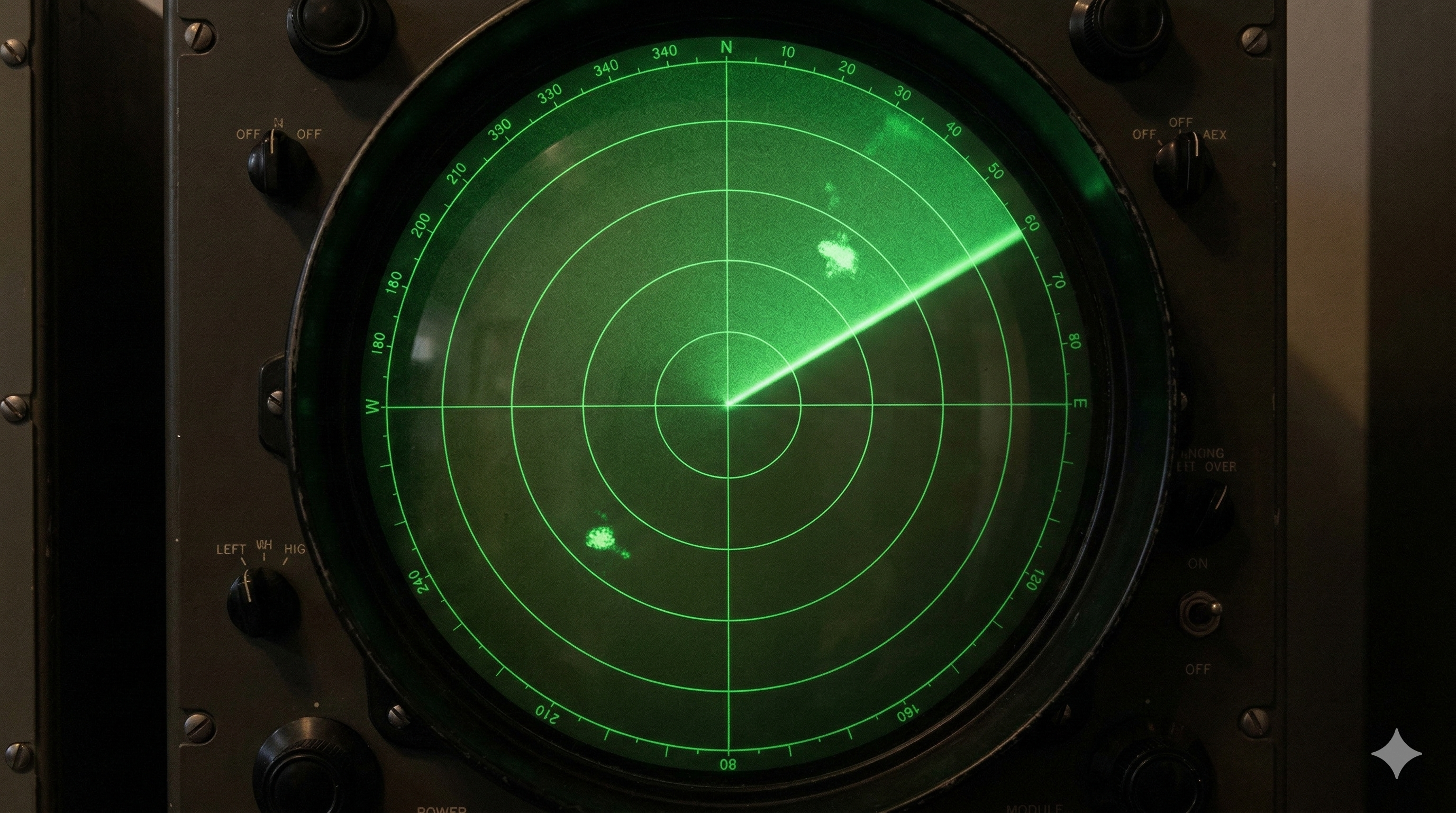 Radar screen with blips representing nearby birds and more distant planes
